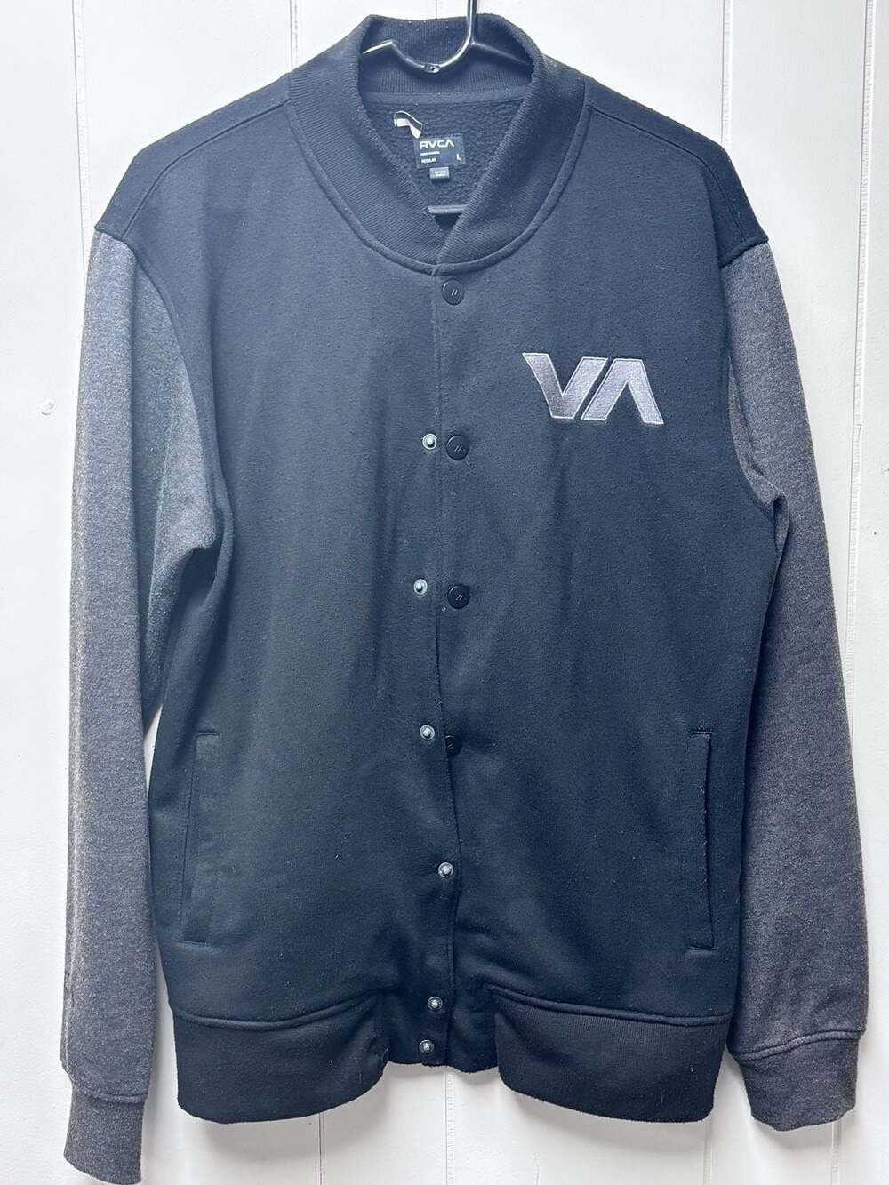 RVCA Varsity Jacket Size L Black Gray Fleece Snap Front